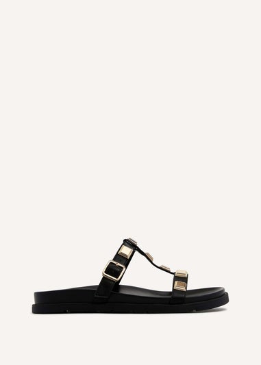 Linzi Alert Black Faux Leather Flat Slip-On Sandal