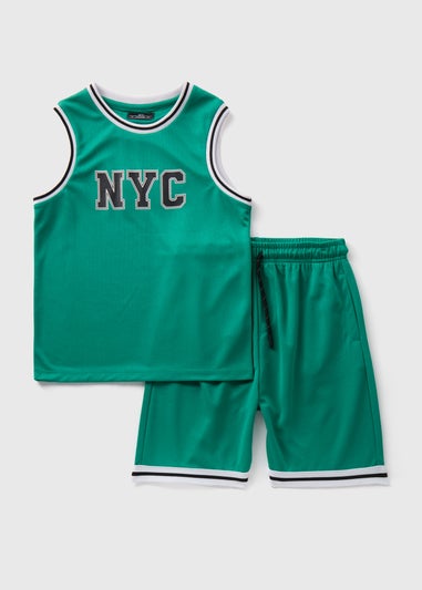 Boys Green Basketball Vest & Shorts Set (7-12yrs)