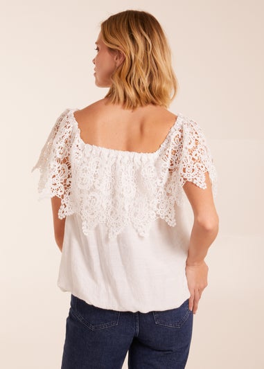 Blue Vanilla Ivory Crochet Lace Puff Ball Top