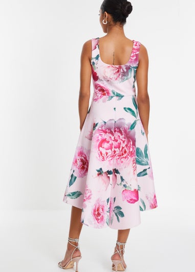 Quiz Pink Floral Dip Hem Midi Dress