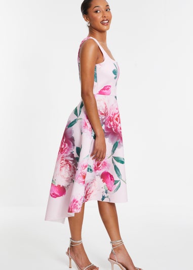 Quiz Pink Floral Dip Hem Midi Dress