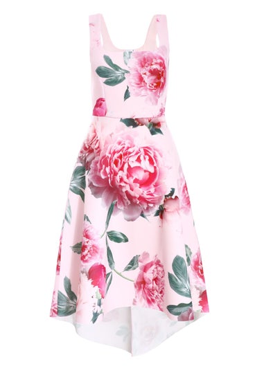 Quiz Pink Floral Dip Hem Midi Dress