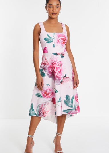 Quiz Pink Floral Dip Hem Midi Dress