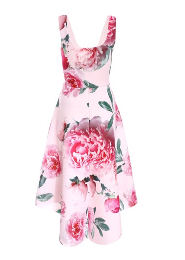 Quiz Pink Floral Dip Hem Midi Dress