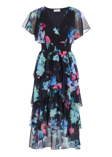 Quiz Blue Floral Dip Hem Tiered Midi Dress