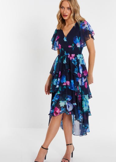 Quiz Blue Floral Dip Hem Tiered Midi Dress
