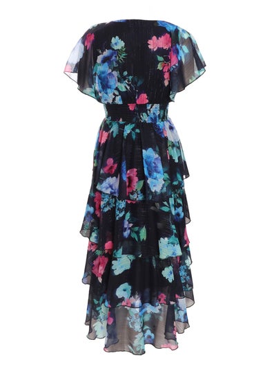 Quiz Blue Floral Dip Hem Tiered Midi Dress
