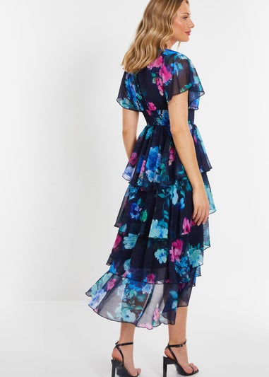Quiz Blue Floral Dip Hem Tiered Midi Dress