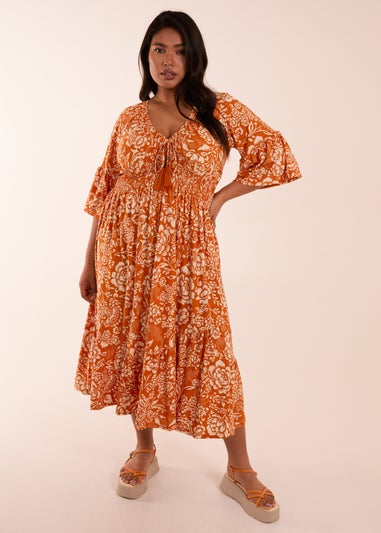 Blue Vanilla Curve Orange  Elasticated V Neck Midi Dress