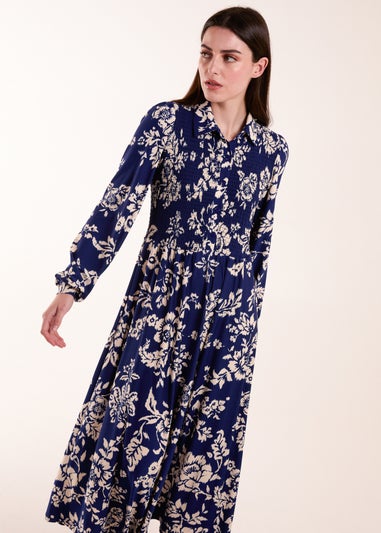 Blue Vanilla Navy Shirred Bust Long Sleeve Midi Dress