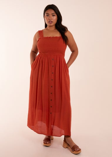 Blue Vanilla Curve Orange  Shirred Bust Button Down Midi Dress