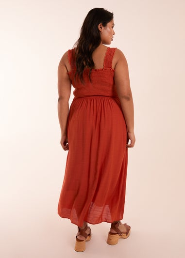 Blue Vanilla Curve Orange  Shirred Bust Button Down Midi Dress