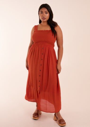 Blue Vanilla Curve Orange  Shirred Bust Button Down Midi Dress