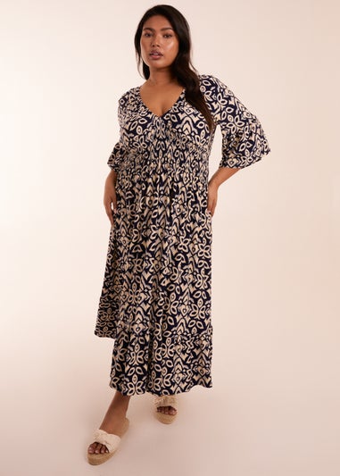 Blue Vanilla Curve Navy Elasticated Neck Shirred Waist Abstract Midi Dress
