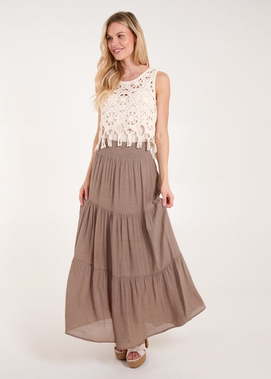 Blue Vanilla Brown Shirring Waist Tiered Maxi Skirt