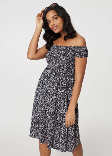 Izabel London Navy Ditsy Floral Off The Shoulder Dress