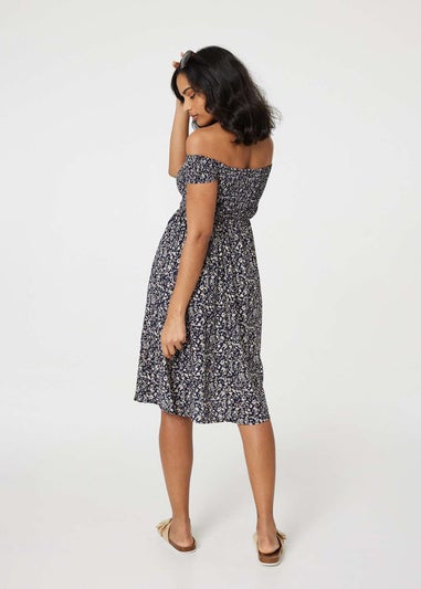 Izabel London Navy Ditsy Floral Off The Shoulder Dress