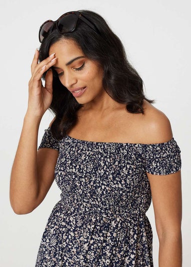 Izabel London Navy Ditsy Floral Off The Shoulder Dress