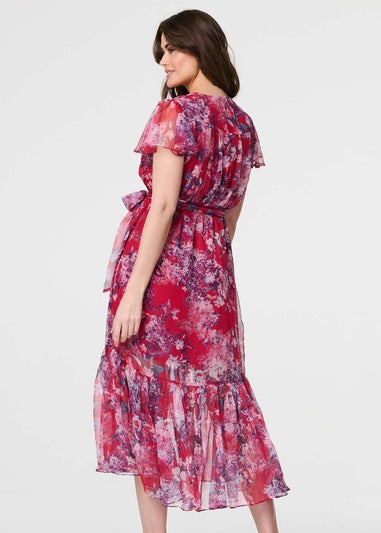 Izabel London Pink Floral Short Sleeve Tiered Midi Dress