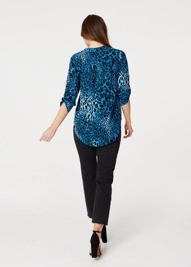 Izabel London Blue Leopard Print Collarless Blouse