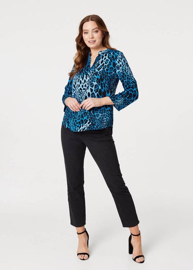 Izabel London Blue Leopard Print Collarless Blouse