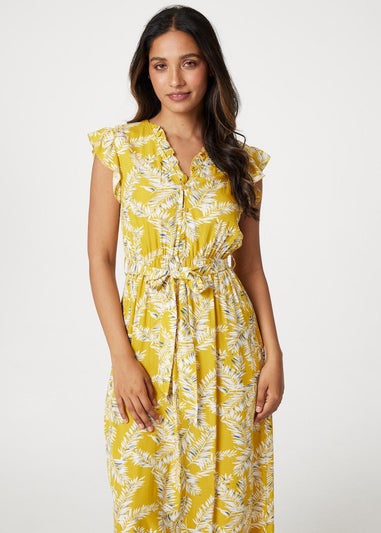 Izabel London Yellow Leaf Print Tie Waist Maxi Dress