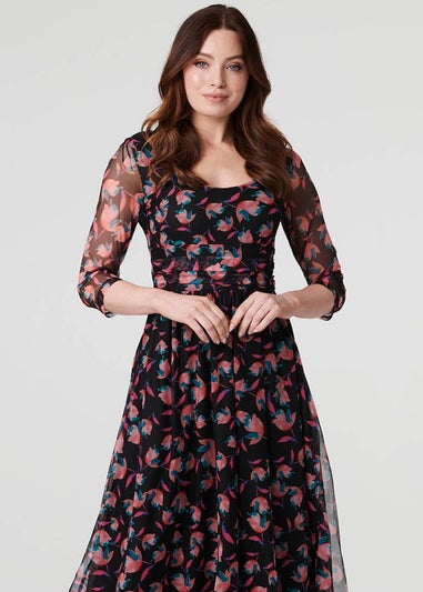 Izabel London Black Floral Semi Sheer Ruched Midi Dress