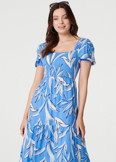 Izabel London Blue Leaf Print Smocked Midi Dress