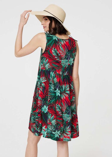 Izabel London Red Leaf Print Sleeveless Tunic Dress