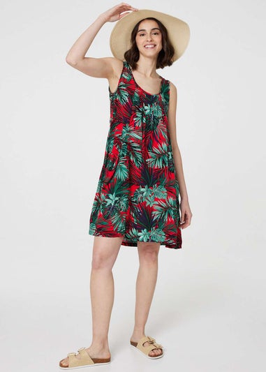 Izabel London Red Leaf Print Sleeveless Tunic Dress