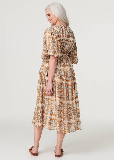 Izabel London Rust Printed Puff Half Sleeve Midi Dress