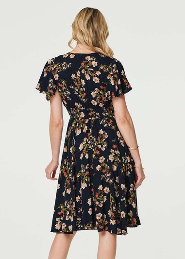 Izabel London Navy Floral Angel Sleeve Short Dress