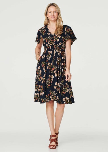 Izabel London Navy Floral Angel Sleeve Short Dress