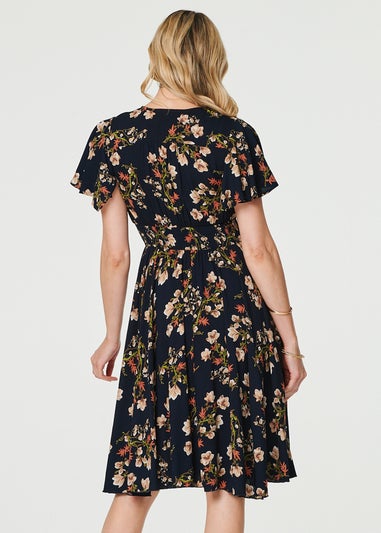 Izabel London Navy Floral Angel Sleeve Short Dress