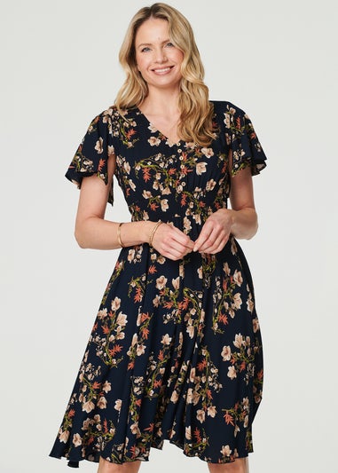 Izabel London Navy Floral Angel Sleeve Short Dress