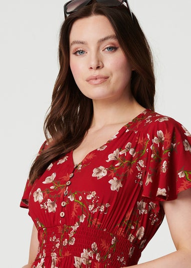 Izabel London Red Floral Angel Sleeve Short Dress