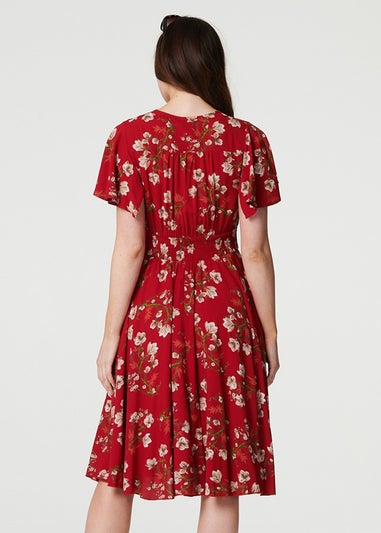 Izabel London Red Floral Angel Sleeve Short Dress