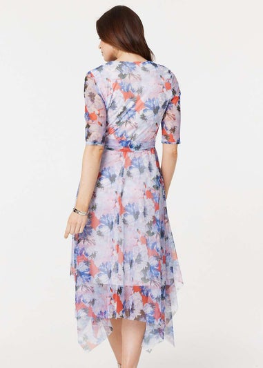 Izabel London Blue Floral Semi Sheer Layered Midi Dress