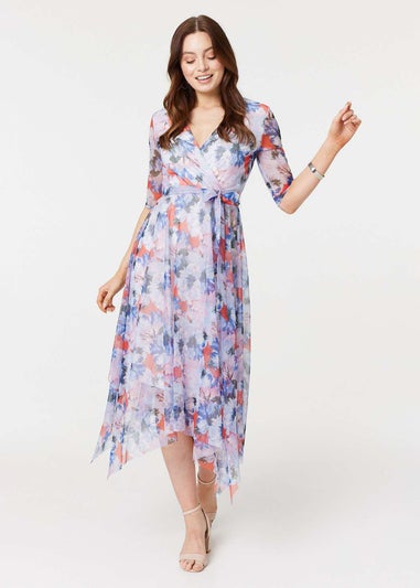 Izabel London Blue Floral Semi Sheer Layered Midi Dress