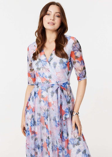 Izabel London Blue Floral Semi Sheer Layered Midi Dress