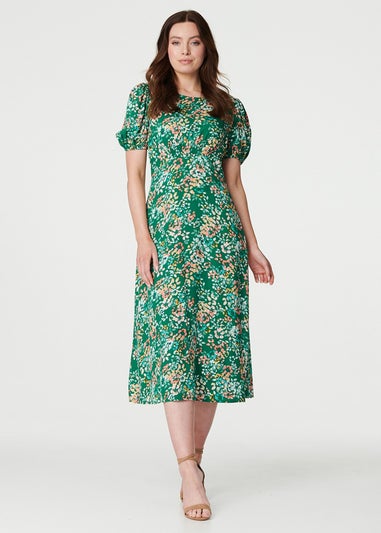 Izabel London Green Floral Puff Sleeve Ruched Midi Dress