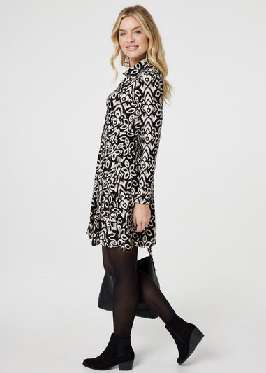 Izabel London Black Printed Long Sleeve Short Shirt Dress