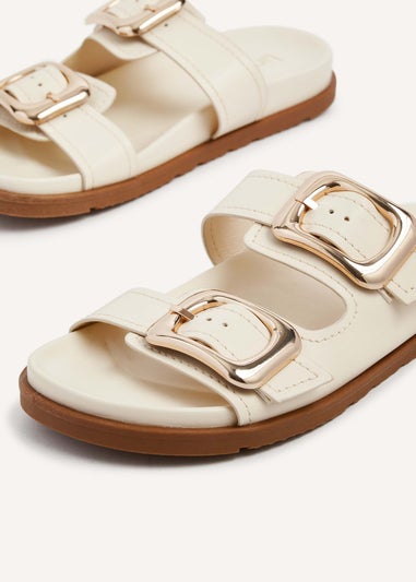 Linzi Denver Ivory Faux Leather Double Buckle Footbed Slider