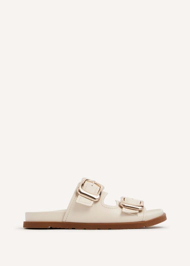 Linzi Denver Ivory Faux Leather Double Buckle Footbed Slider