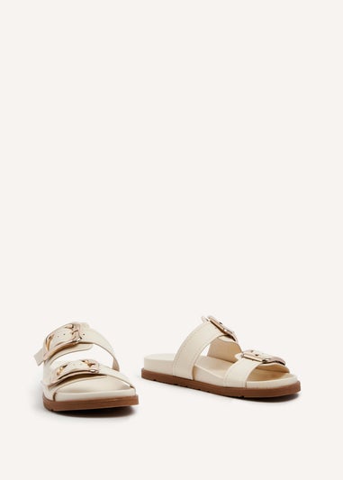 Linzi Denver Ivory Faux Leather Double Buckle Footbed Slider