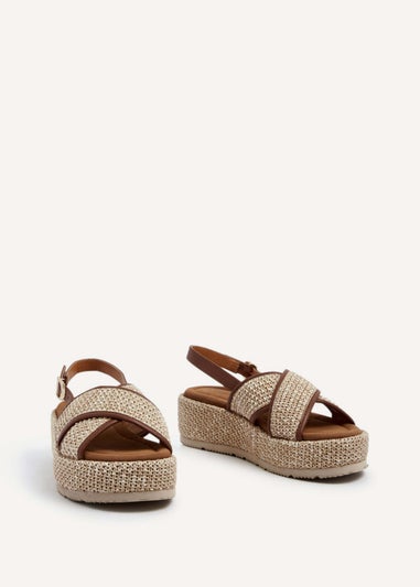 Linzi Laurent Natural and Tan Two-Tone Crossover Raffia Flatform Sandal