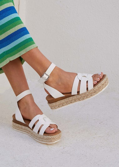 Linzi Dakota White Faux Leather Woven Espadrille Inspired Flatform Sandal