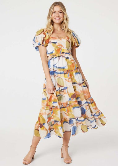 Izabel London Blue Printed Puff Sleeve Maxi Dress