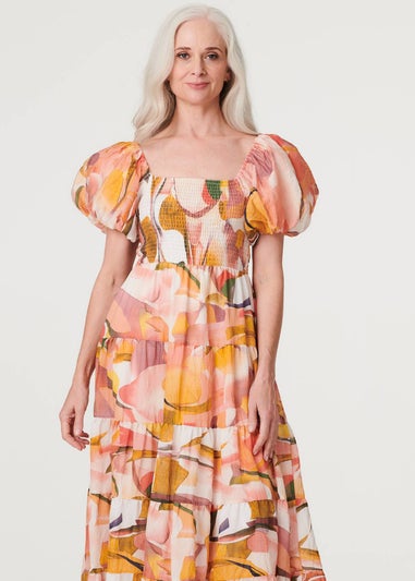 Izabel London Coral Printed Puff Sleeve Maxi Dress