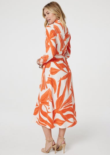 Izabel London Orange Printed Long Sleeve Midi Shirt Dress